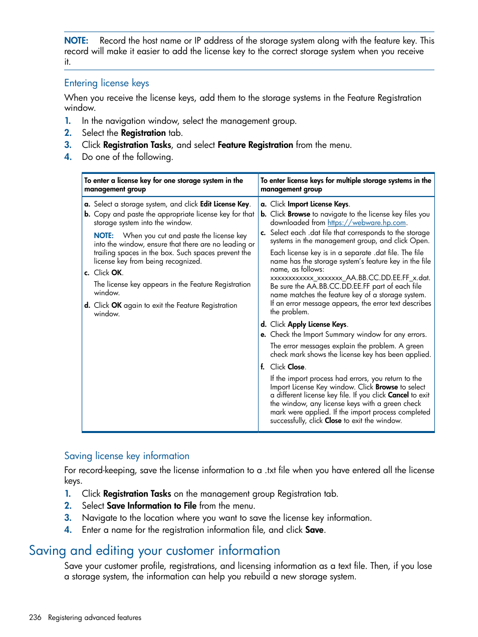 Saving and editing your customer information | HP StoreVirtual 4000 Storage User Manual | Page 236 / 288