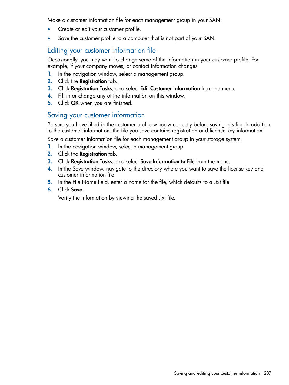 Editing your customer information file, Saving your customer information | HP StoreVirtual 4000 Storage User Manual | Page 237 / 288