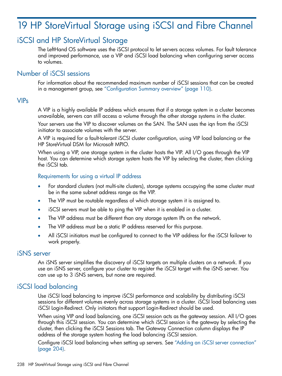 Iscsi and hp storevirtual storage, Number of iscsi sessions, Vips | Isns server, Iscsi load balancing, Hp storevirtual storage using iscsi and fibre, Hp storevirtual storage | HP StoreVirtual 4000 Storage User Manual | Page 238 / 288