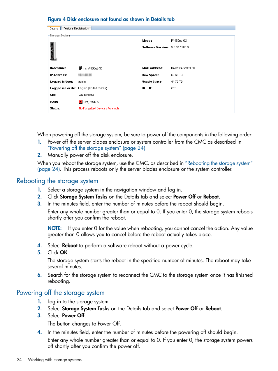 Rebooting the storage system, Powering off the storage system | HP StoreVirtual 4000 Storage User Manual | Page 24 / 288