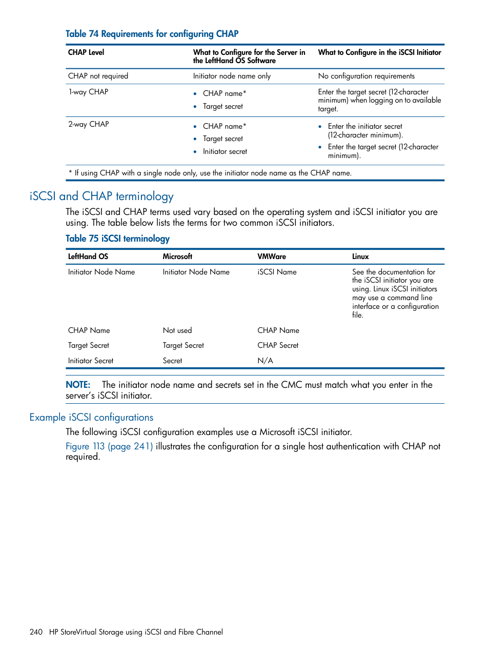 Iscsi and chap terminology, Example iscsi configurations, Iscsi and chap | HP StoreVirtual 4000 Storage User Manual | Page 240 / 288