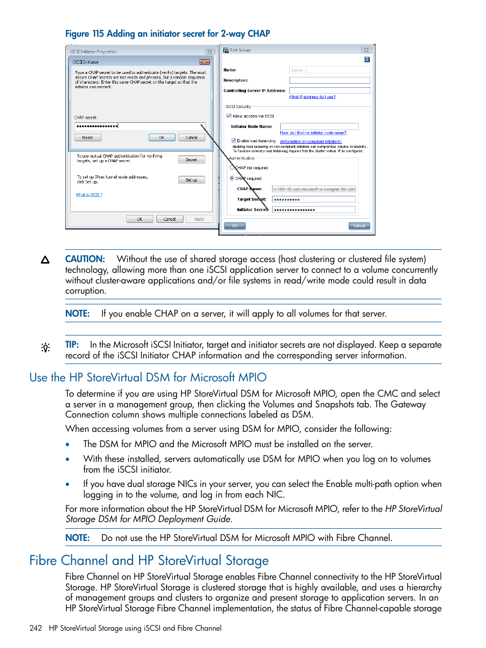 Use the hp storevirtual dsm for microsoft mpio, Fibre channel and hp storevirtual storage | HP StoreVirtual 4000 Storage User Manual | Page 242 / 288