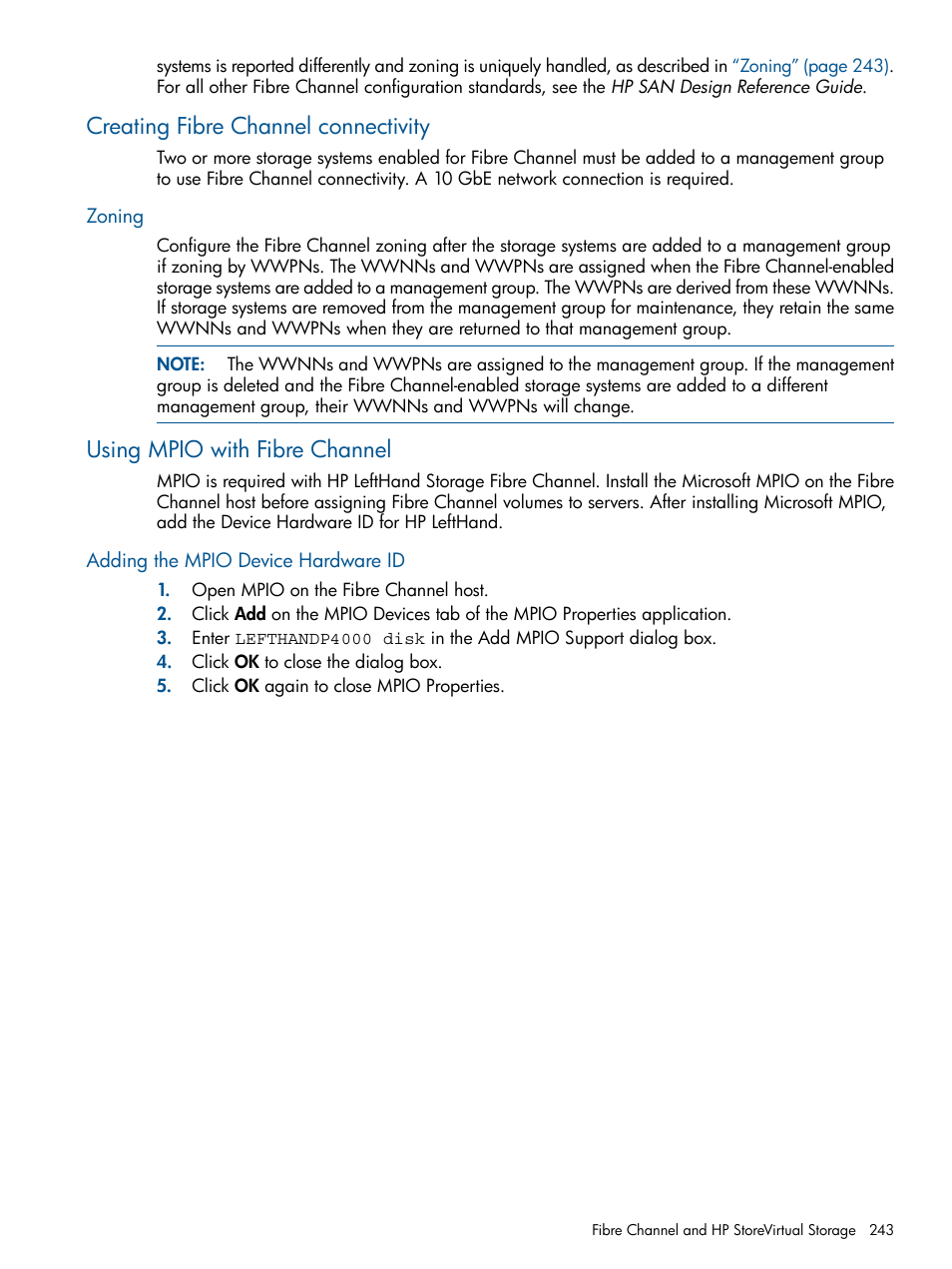 Creating fibre channel connectivity, Zoning, Using mpio with fibre channel | Adding the mpio device hardware id | HP StoreVirtual 4000 Storage User Manual | Page 243 / 288