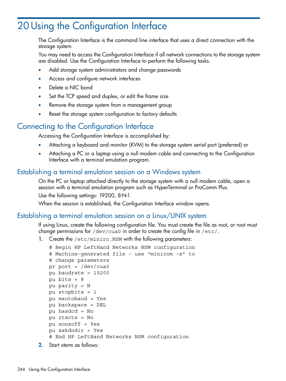 20 using the configuration interface, Connecting to the configuration interface | HP StoreVirtual 4000 Storage User Manual | Page 244 / 288