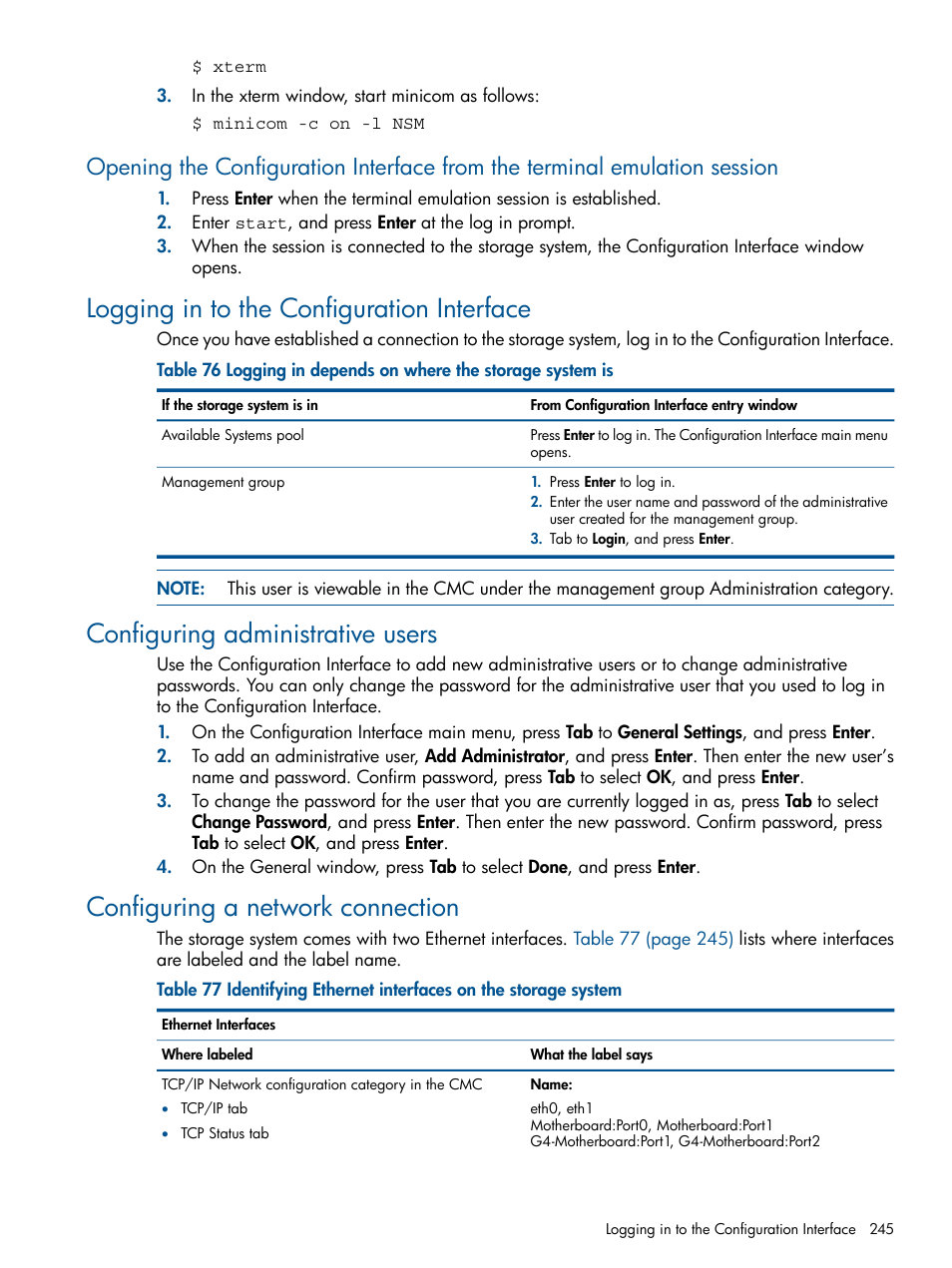 Logging in to the configuration interface, Configuring administrative users, Configuring a network connection | HP StoreVirtual 4000 Storage User Manual | Page 245 / 288