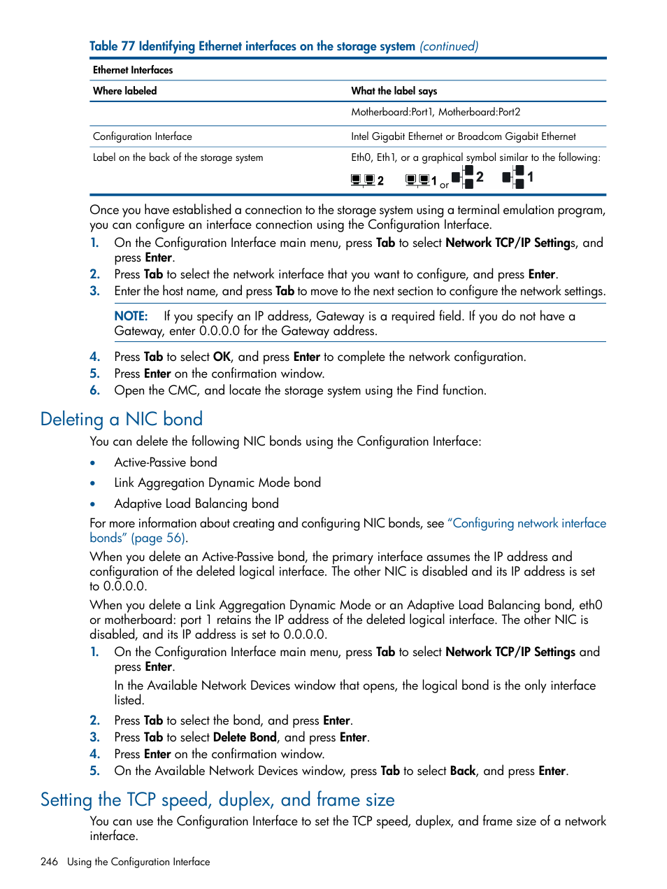Deleting a nic bond, Setting the tcp speed, duplex, and frame size | HP StoreVirtual 4000 Storage User Manual | Page 246 / 288