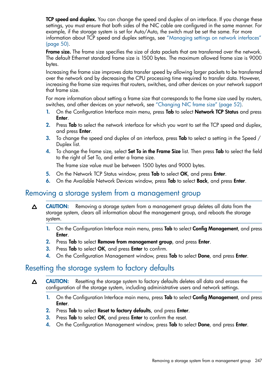 Removing a storage system from a management group, Resetting the storage system to factory defaults | HP StoreVirtual 4000 Storage User Manual | Page 247 / 288