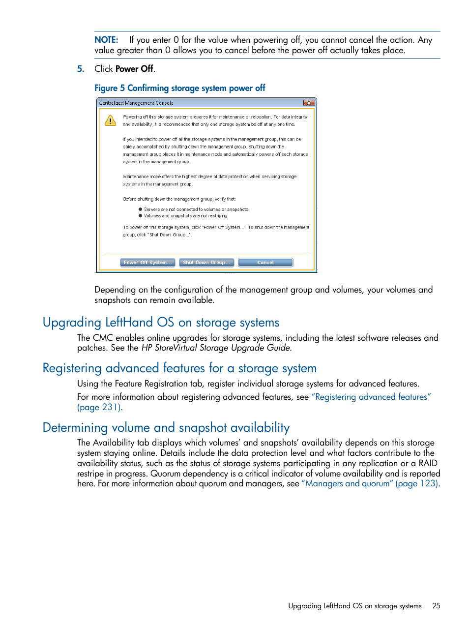 Upgrading lefthand os on storage systems, Registering advanced features for a storage system, Determining volume and snapshot availability | Determining volume and snapshot | HP StoreVirtual 4000 Storage User Manual | Page 25 / 288