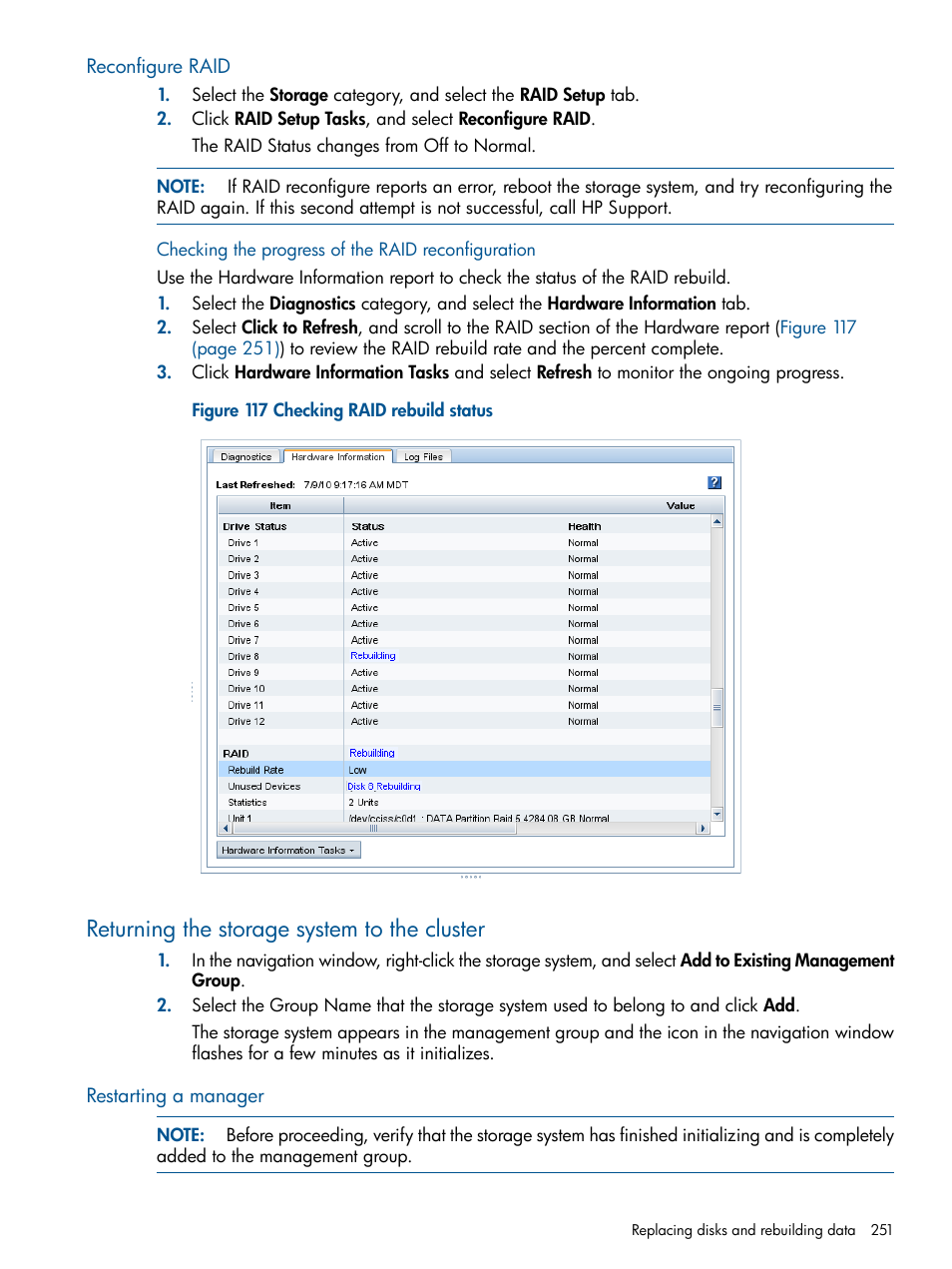 Reconfigure raid, Returning the storage system to the cluster, Restarting a manager | HP StoreVirtual 4000 Storage User Manual | Page 251 / 288