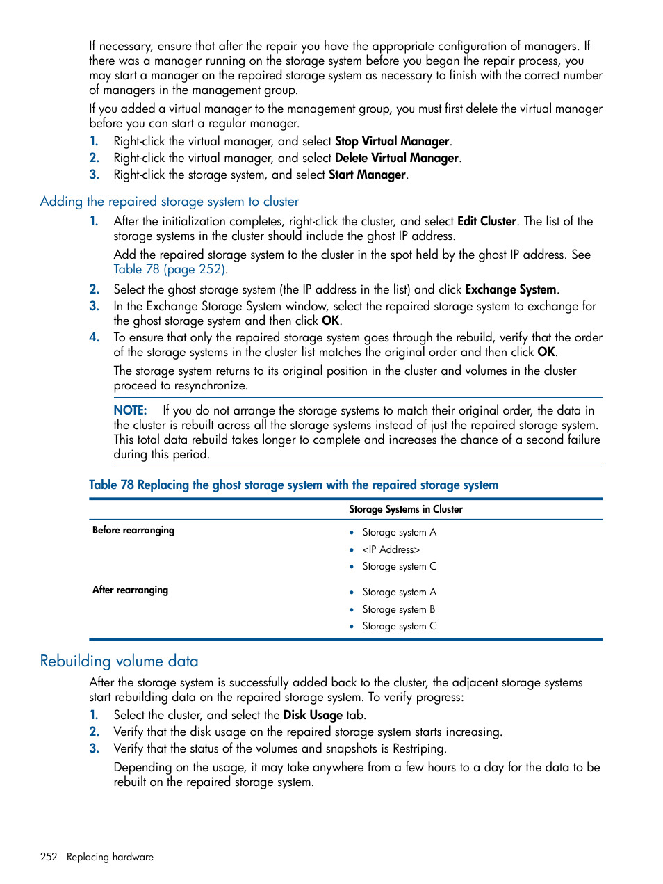 Adding the repaired storage system to cluster, Rebuilding volume data | HP StoreVirtual 4000 Storage User Manual | Page 252 / 288