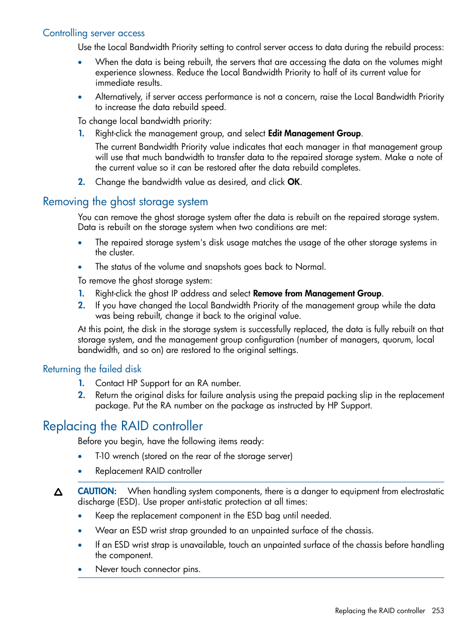 Controlling server access, Removing the ghost storage system, Returning the failed disk | Replacing the raid controller | HP StoreVirtual 4000 Storage User Manual | Page 253 / 288