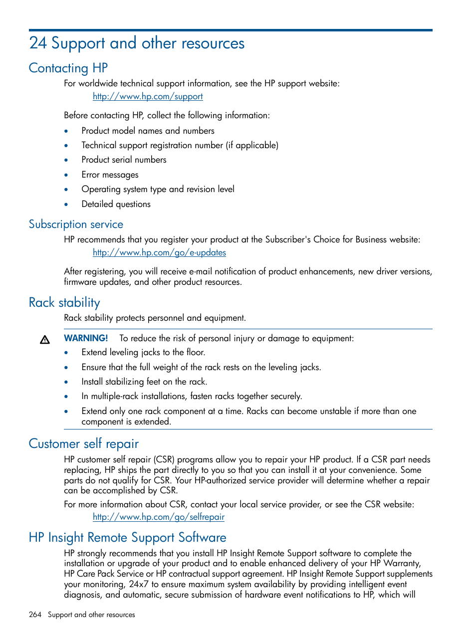 24 support and other resources, Contacting hp, Subscription service | Rack stability, Customer self repair, Hp insight remote support software | HP StoreVirtual 4000 Storage User Manual | Page 264 / 288