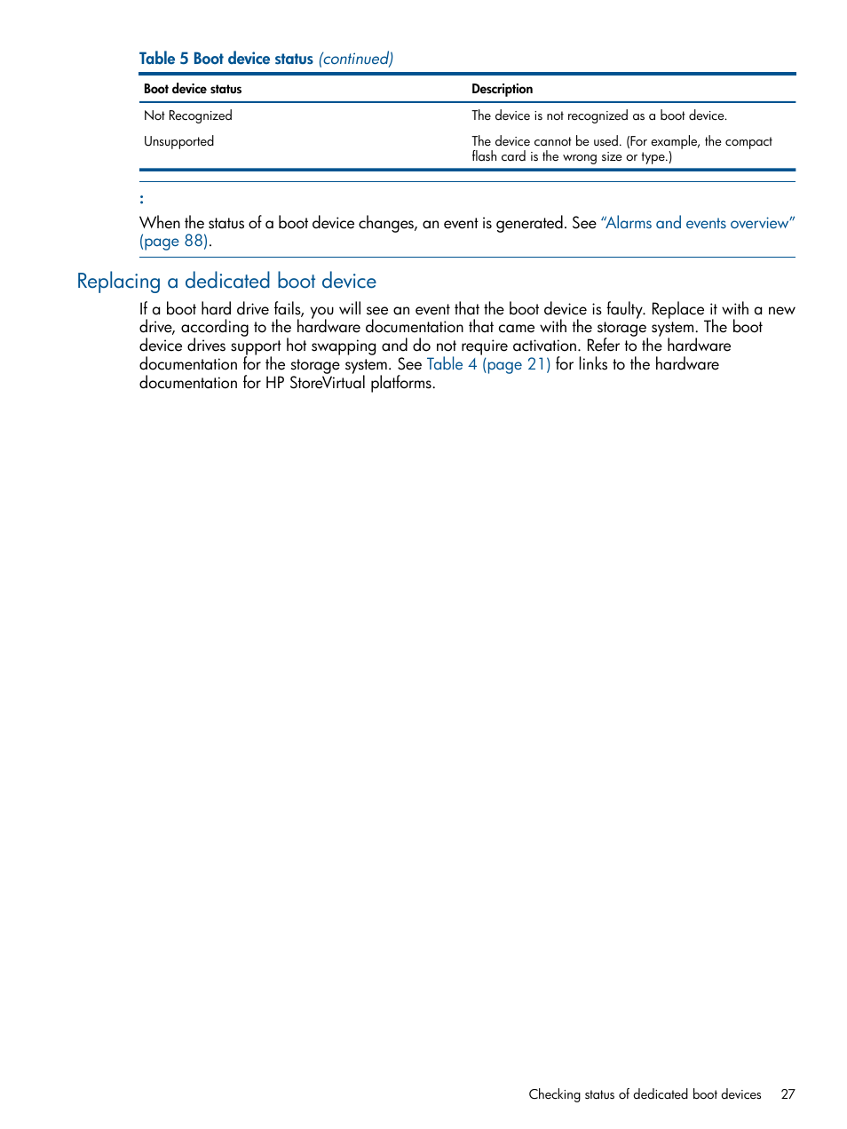Replacing a dedicated boot device | HP StoreVirtual 4000 Storage User Manual | Page 27 / 288