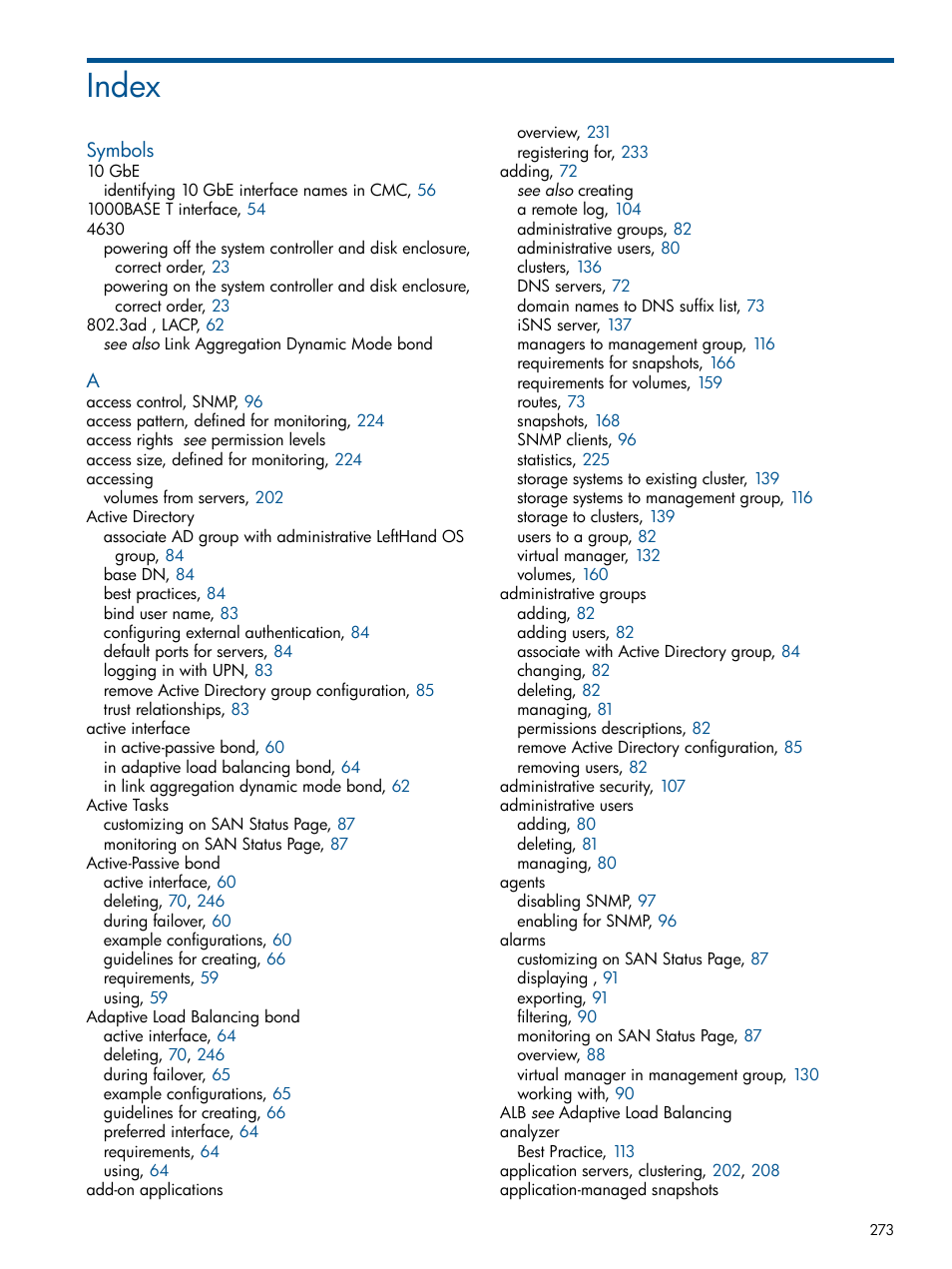 Index | HP StoreVirtual 4000 Storage User Manual | Page 273 / 288