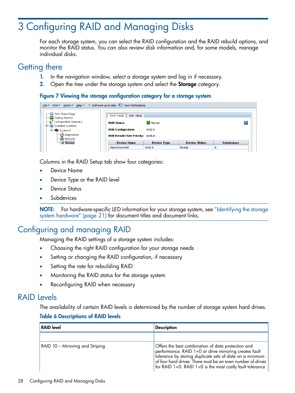 3 configuring raid and managing disks, Getting there, Configuring and managing raid | Raid levels | HP StoreVirtual 4000 Storage User Manual | Page 28 / 288