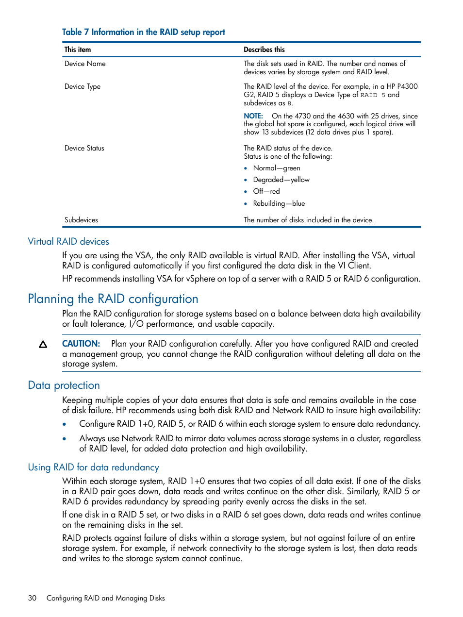 Virtual raid devices, Planning the raid configuration, Data protection | Using raid for data redundancy | HP StoreVirtual 4000 Storage User Manual | Page 30 / 288