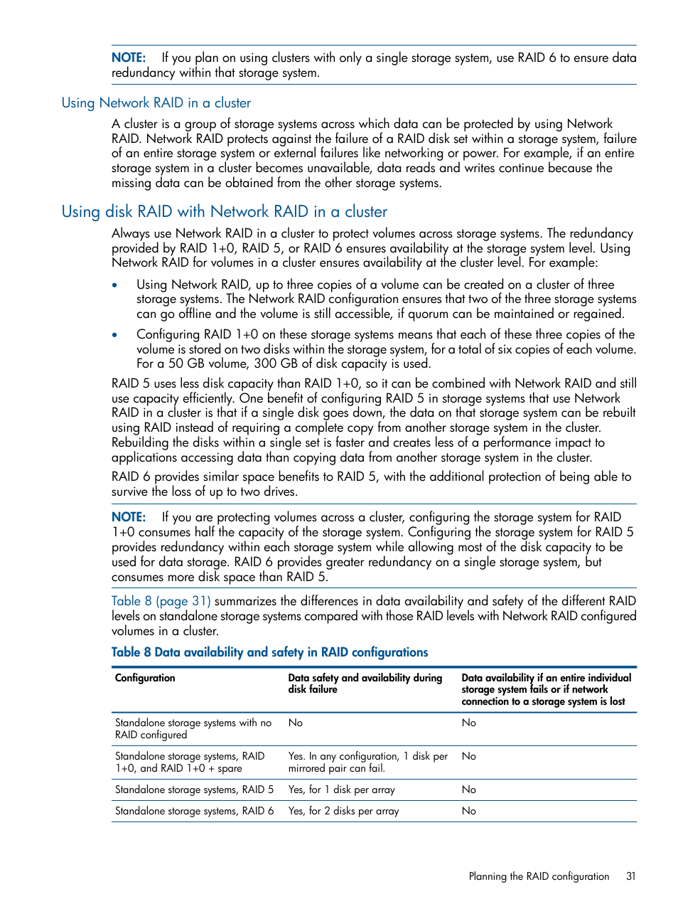 Using network raid in a cluster, Using disk raid with network raid in a cluster | HP StoreVirtual 4000 Storage User Manual | Page 31 / 288