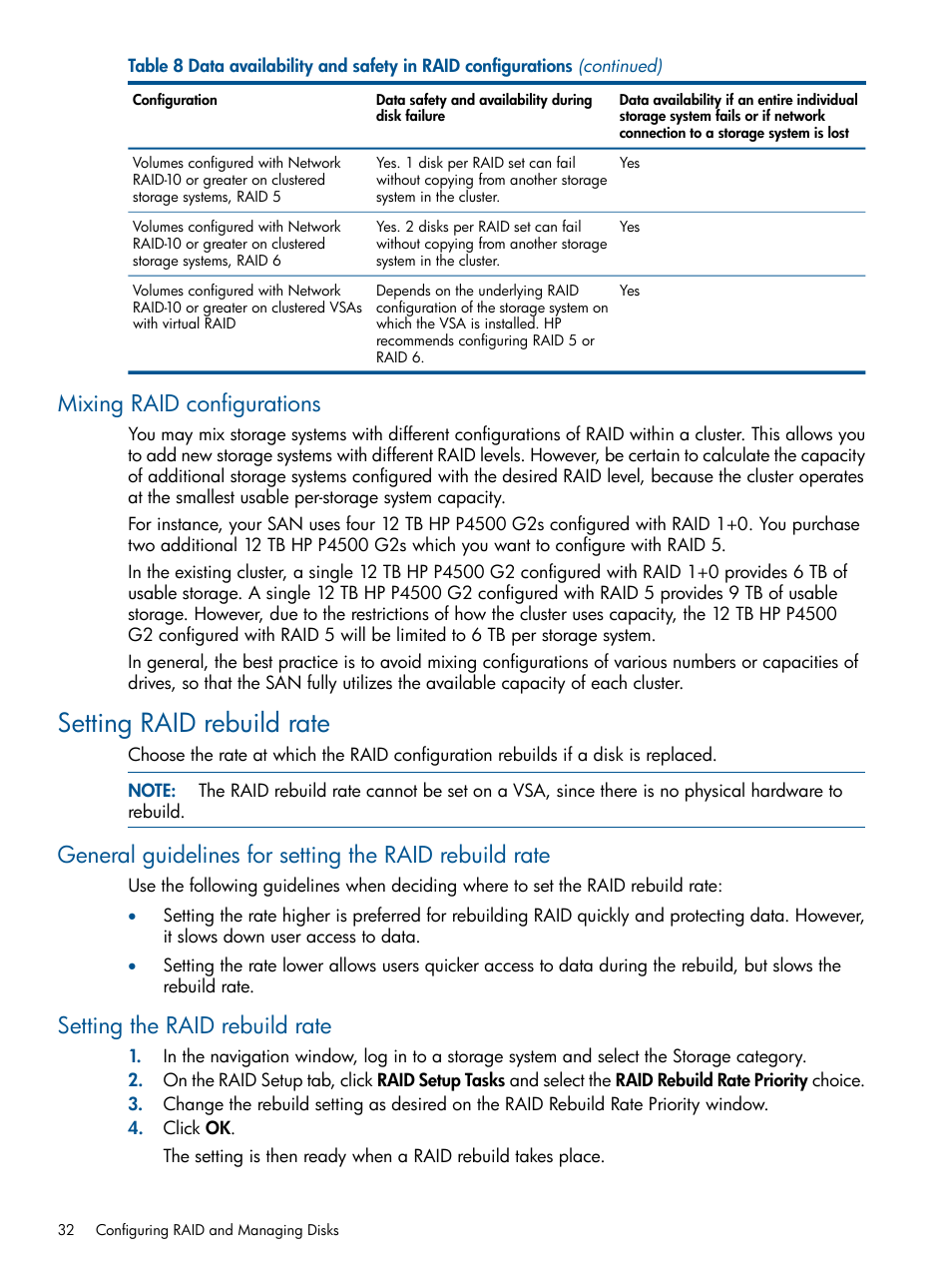 Mixing raid configurations, Setting raid rebuild rate, Setting the raid rebuild rate | HP StoreVirtual 4000 Storage User Manual | Page 32 / 288