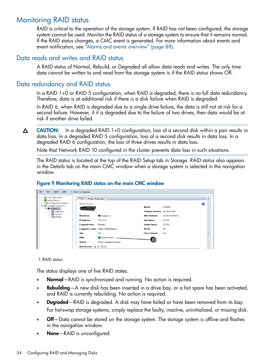 Monitoring raid status, Data reads and writes and raid status, Data redundancy and raid status | HP StoreVirtual 4000 Storage User Manual | Page 34 / 288