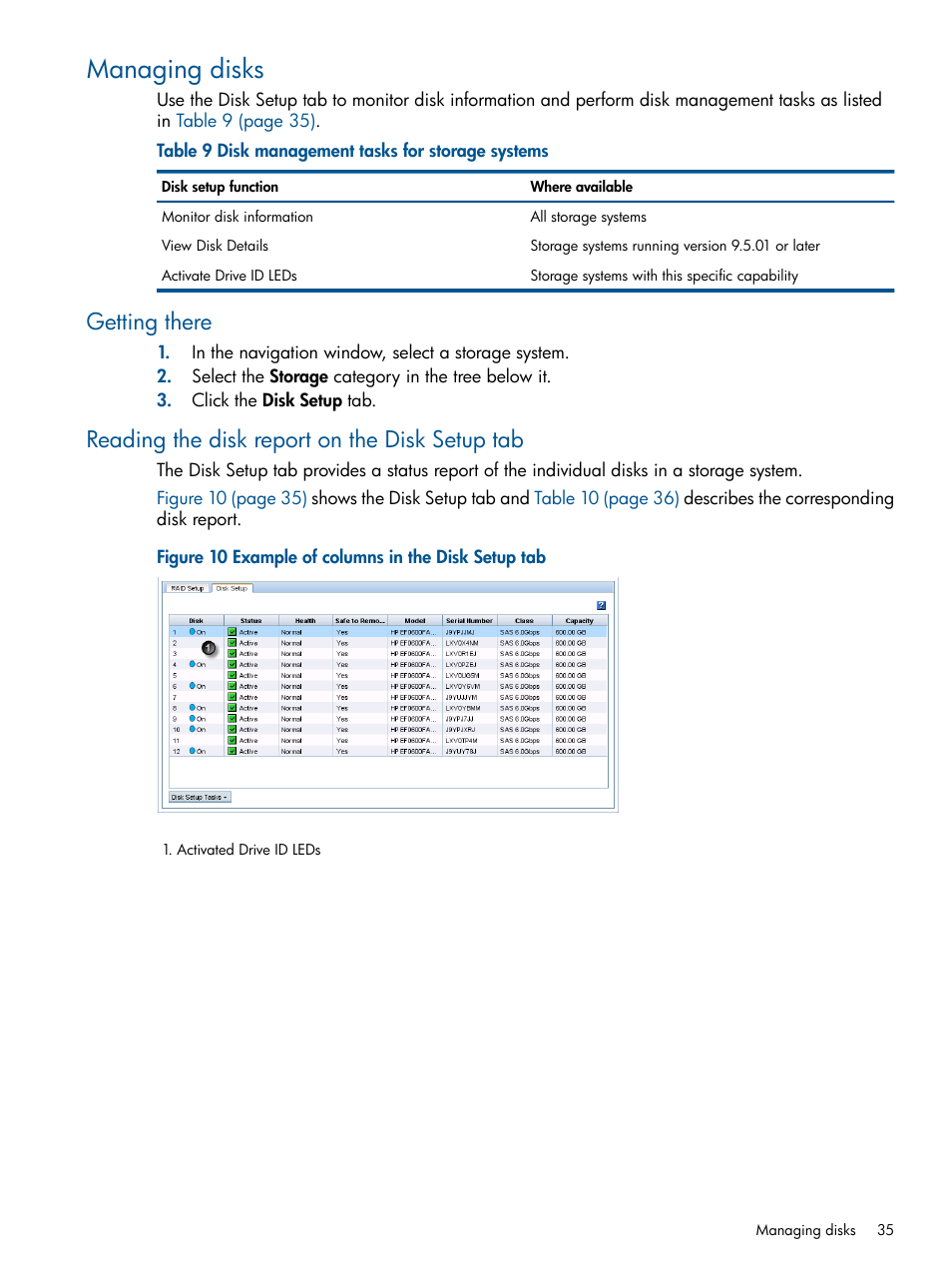 Managing disks, Getting there, Reading the disk report on the disk setup tab | HP StoreVirtual 4000 Storage User Manual | Page 35 / 288