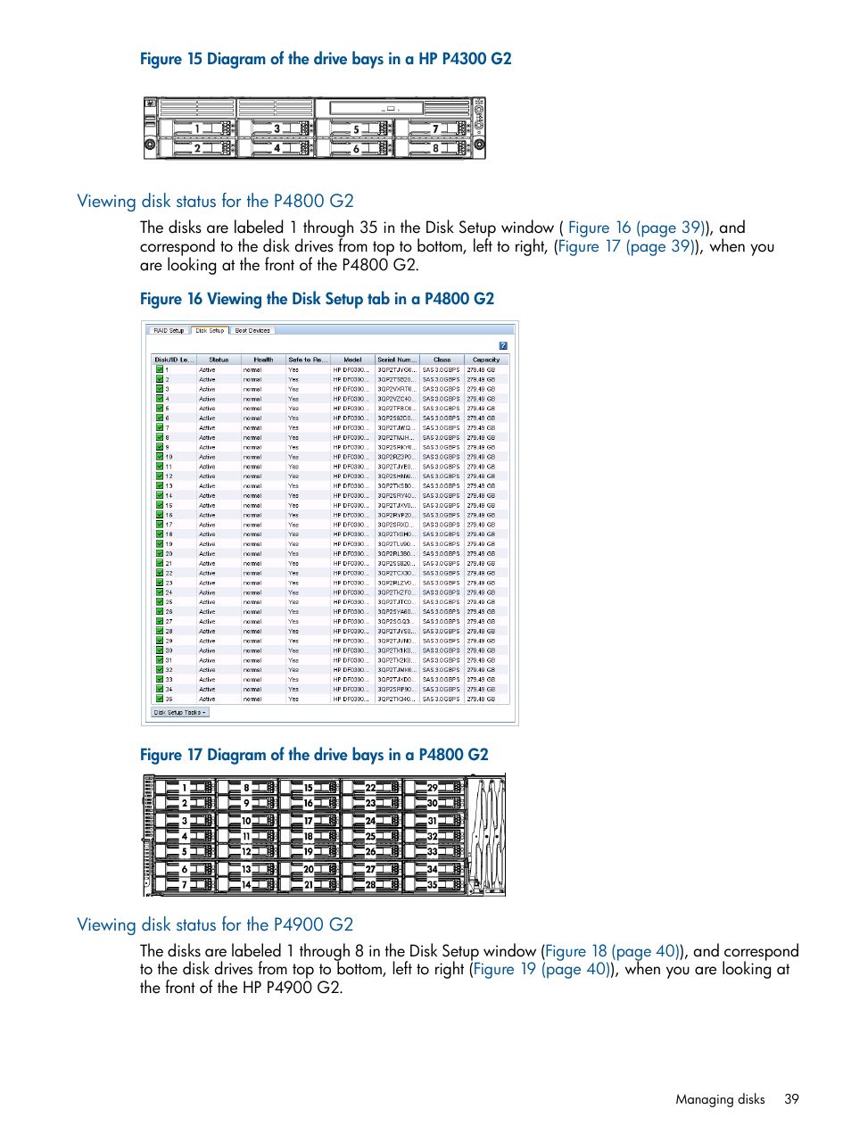 Viewing disk status for the p4800 g2, Viewing disk status for the p4900 g2 | HP StoreVirtual 4000 Storage User Manual | Page 39 / 288