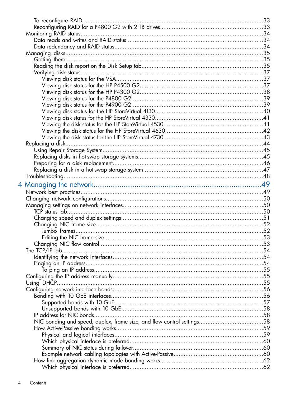 4 managing the network | HP StoreVirtual 4000 Storage User Manual | Page 4 / 288