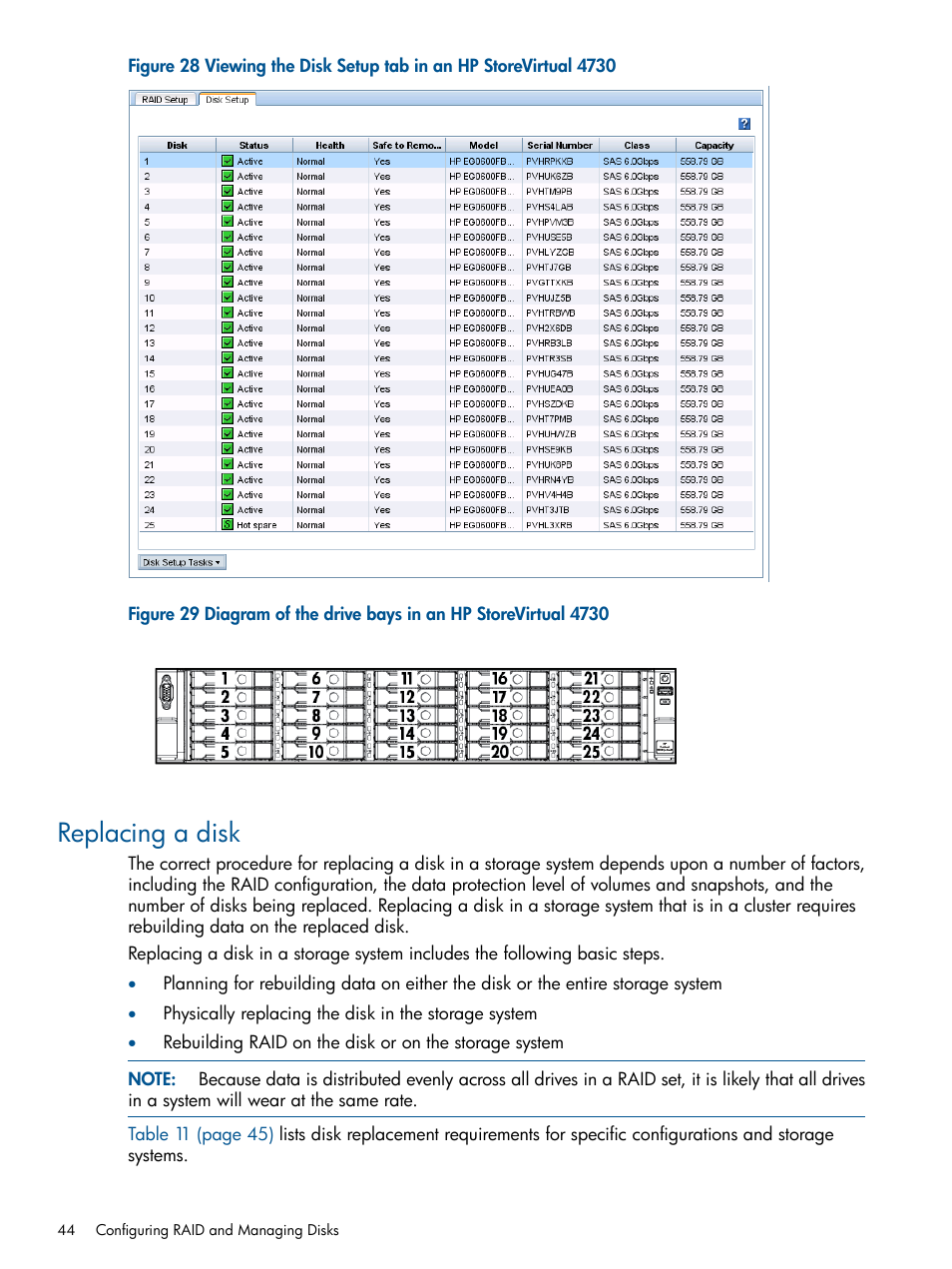 Replacing a disk | HP StoreVirtual 4000 Storage User Manual | Page 44 / 288