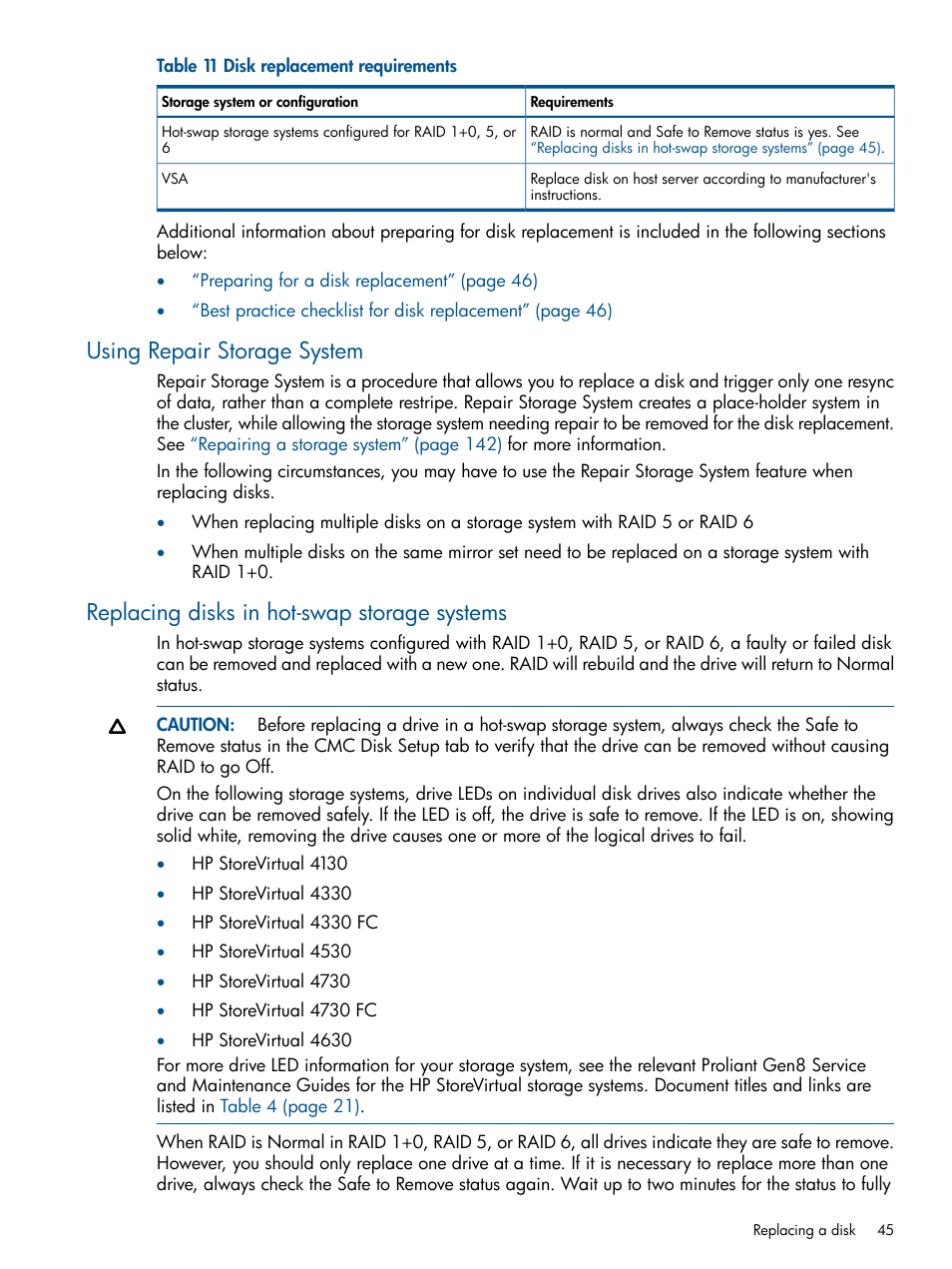 Using repair storage system, Replacing disks in hot-swap storage systems | HP StoreVirtual 4000 Storage User Manual | Page 45 / 288