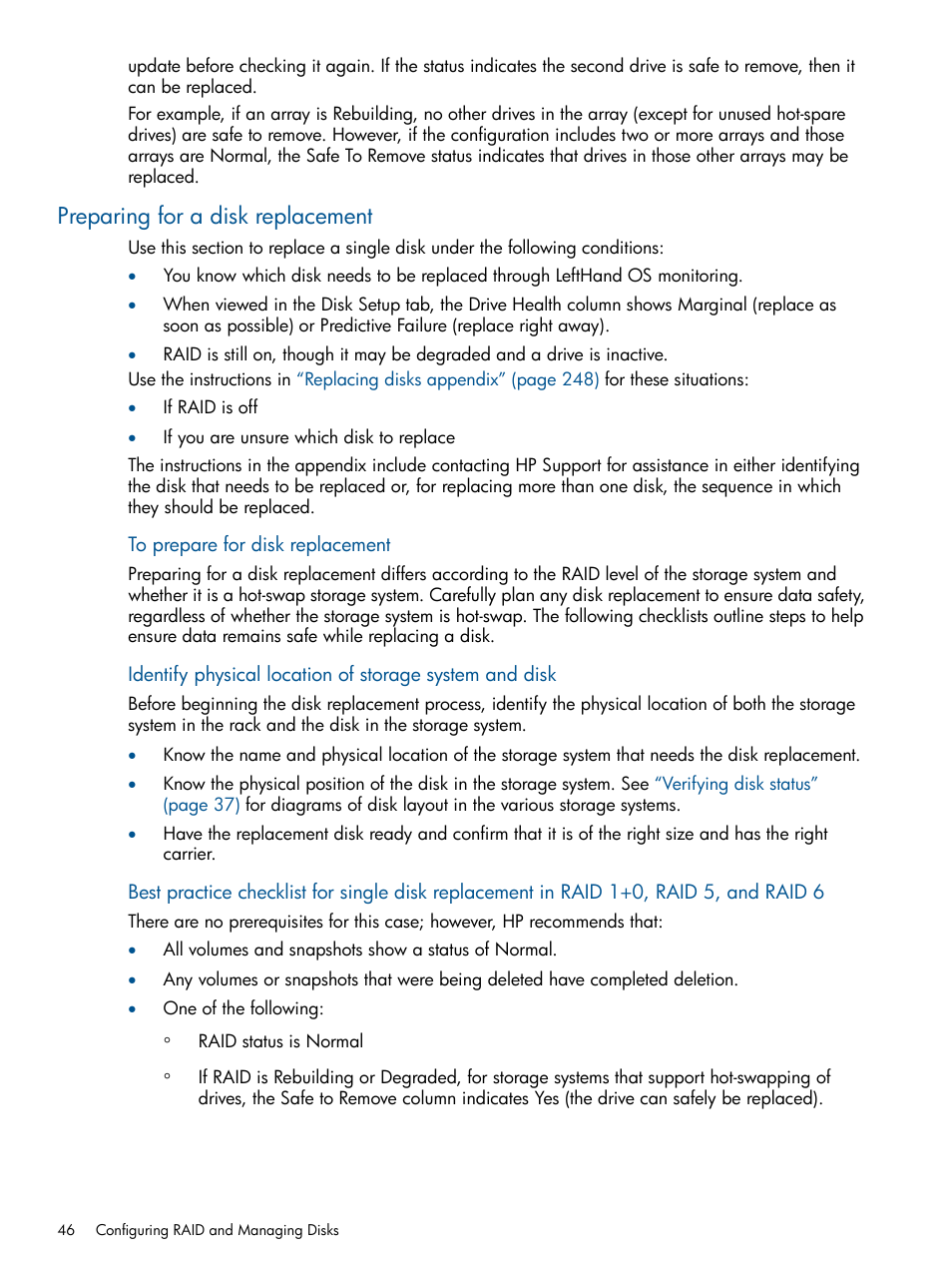 Preparing for a disk replacement | HP StoreVirtual 4000 Storage User Manual | Page 46 / 288