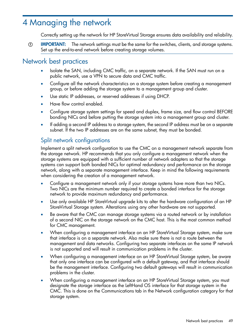 4 managing the network, Network best practices, Managing the network | Split network configurations | HP StoreVirtual 4000 Storage User Manual | Page 49 / 288