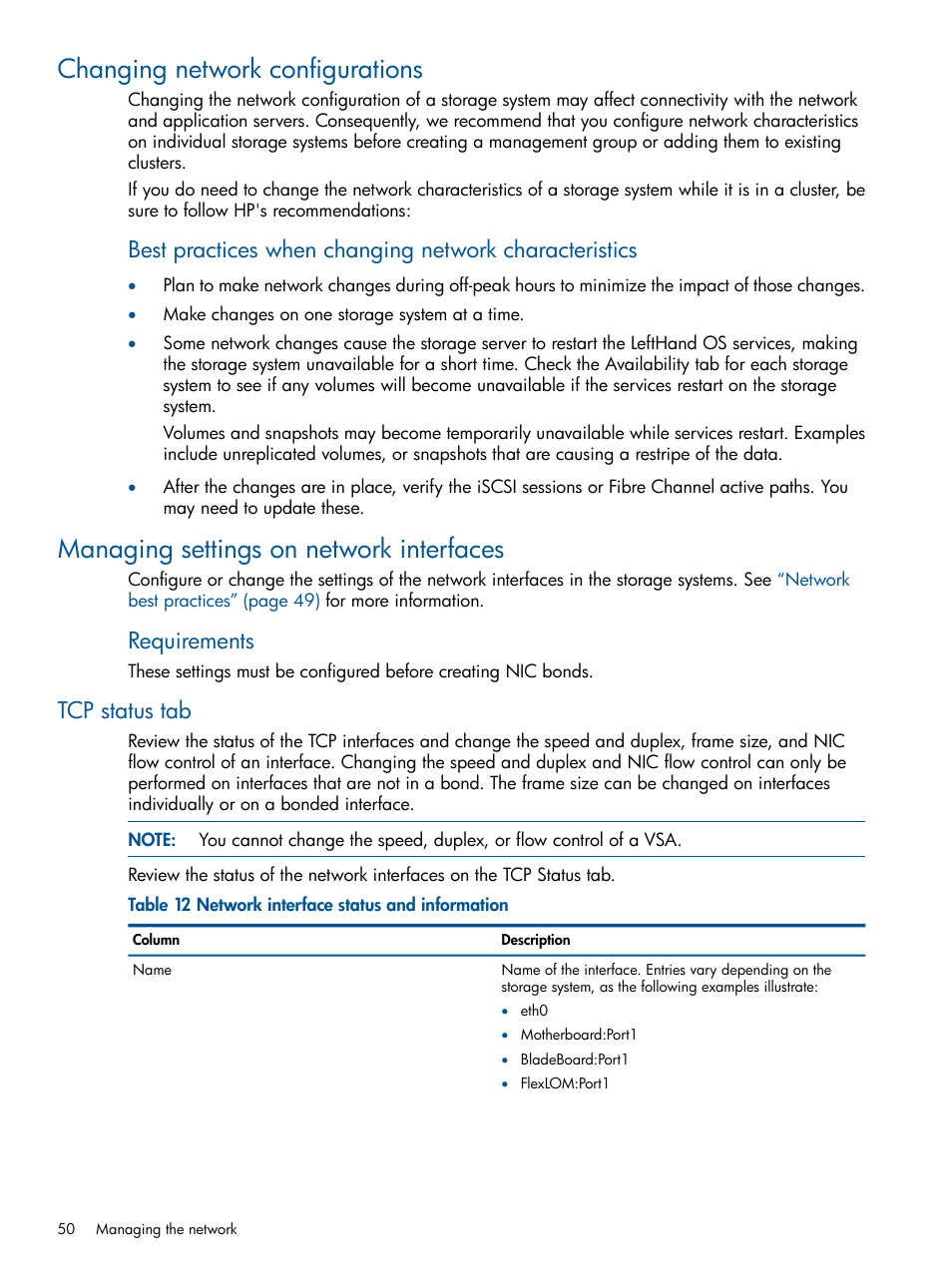 Changing network configurations, Managing settings on network interfaces, Tcp status tab | Requirements | HP StoreVirtual 4000 Storage User Manual | Page 50 / 288