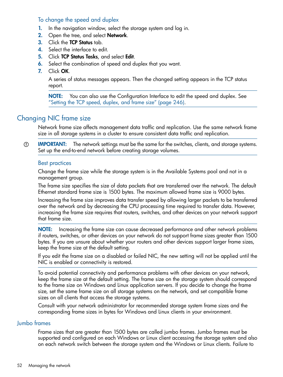 Changing nic frame size, Jumbo frames | HP StoreVirtual 4000 Storage User Manual | Page 52 / 288