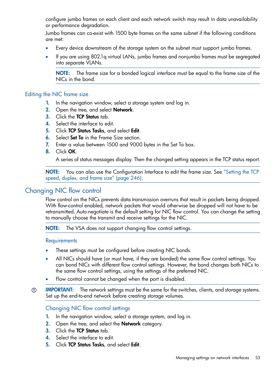 Editing the nic frame size, Changing nic flow control | HP StoreVirtual 4000 Storage User Manual | Page 53 / 288