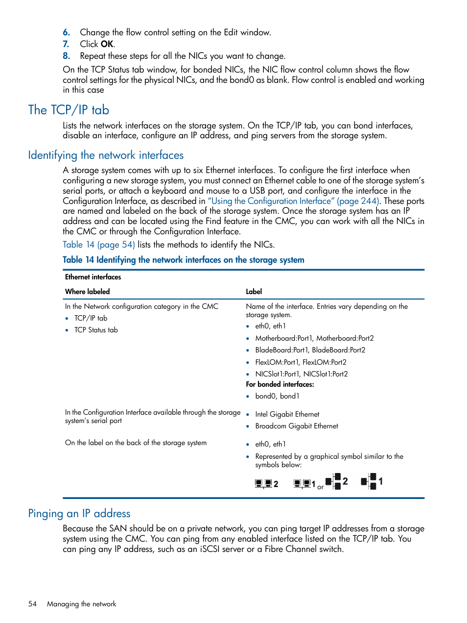 The tcp/ip tab, Identifying the network interfaces, Pinging an ip address | HP StoreVirtual 4000 Storage User Manual | Page 54 / 288