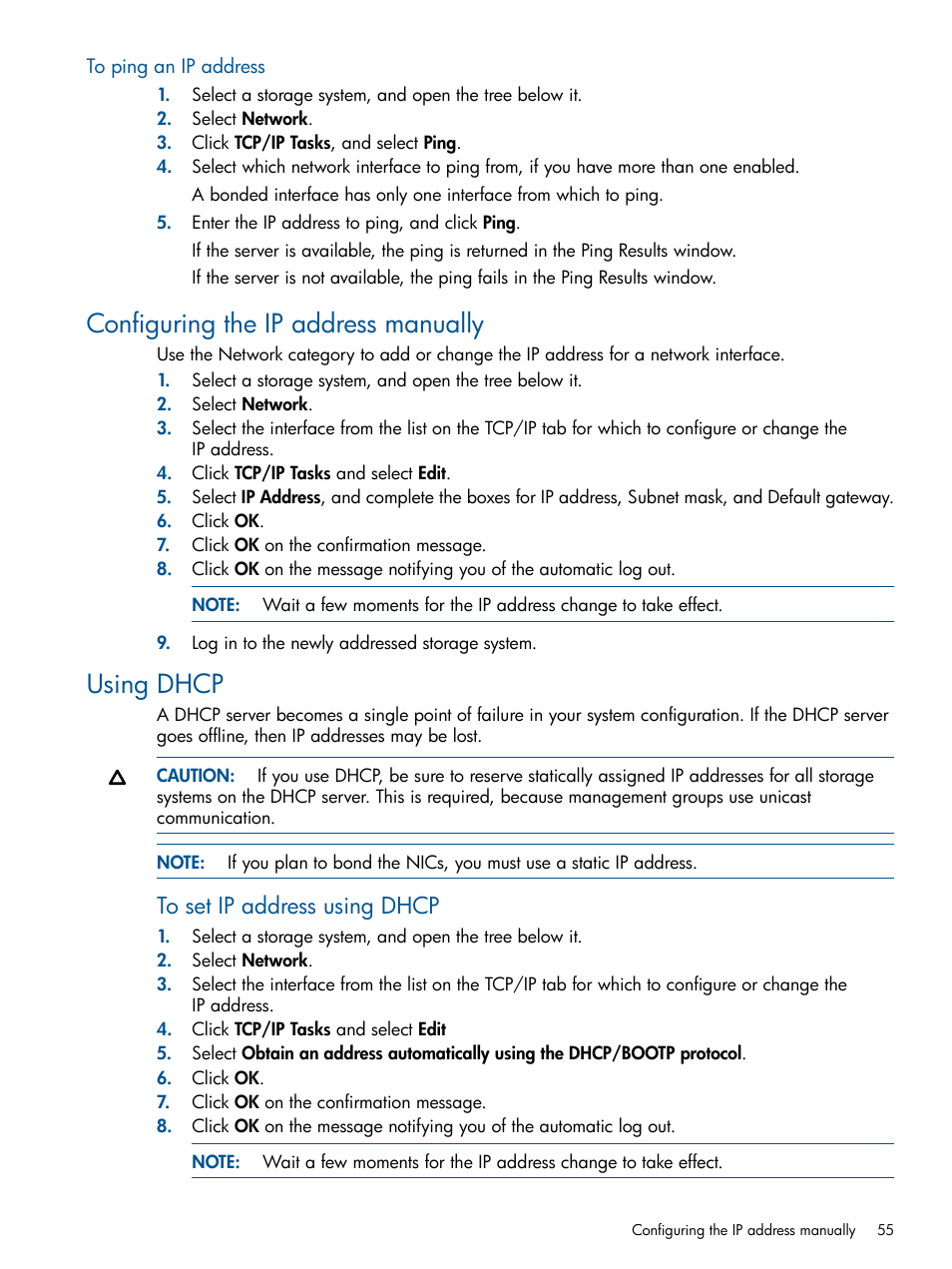 To ping an ip address, Configuring the ip address manually, Using dhcp | Configuring the ip address manually using dhcp | HP StoreVirtual 4000 Storage User Manual | Page 55 / 288