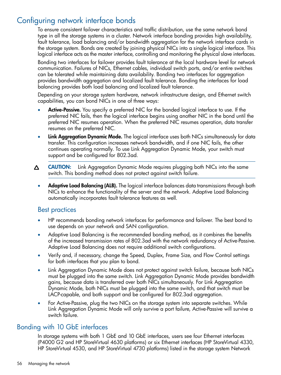 Configuring network interface bonds, Bonding with 10 gbe interfaces, Best practices | HP StoreVirtual 4000 Storage User Manual | Page 56 / 288