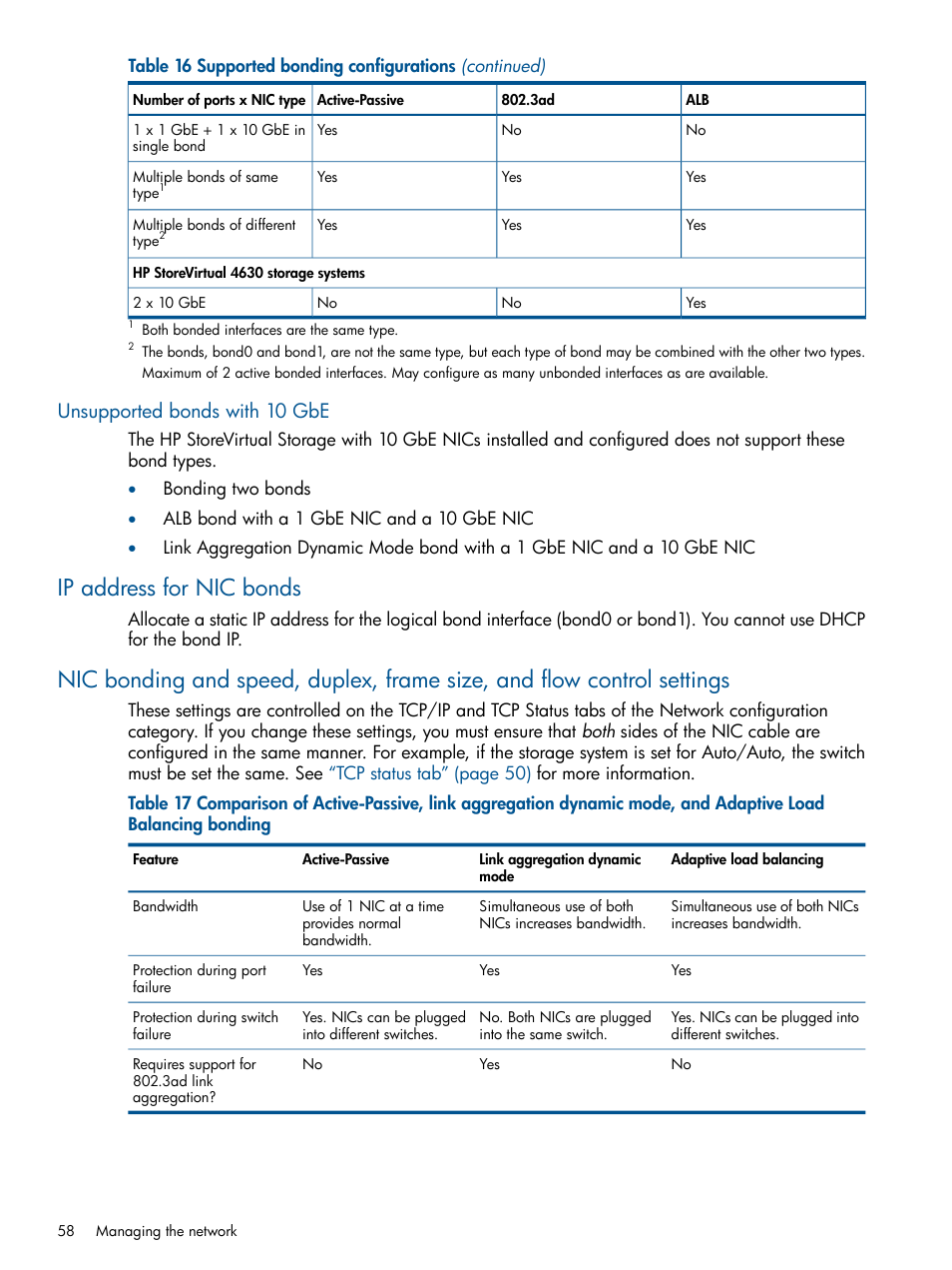 Unsupported bonds with 10 gbe, Ip address for nic bonds | HP StoreVirtual 4000 Storage User Manual | Page 58 / 288