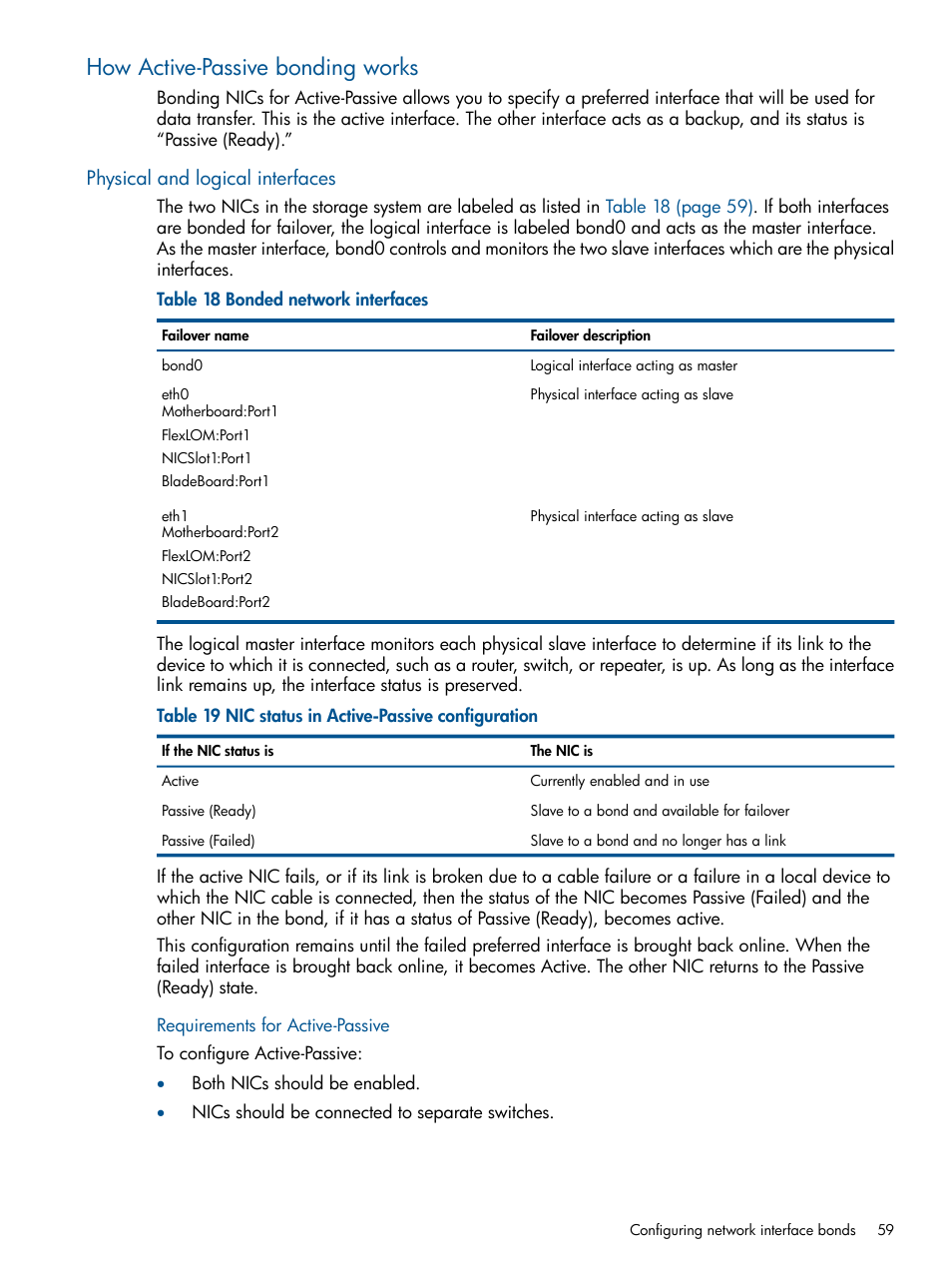 How active-passive bonding works, Physical and logical interfaces | HP StoreVirtual 4000 Storage User Manual | Page 59 / 288