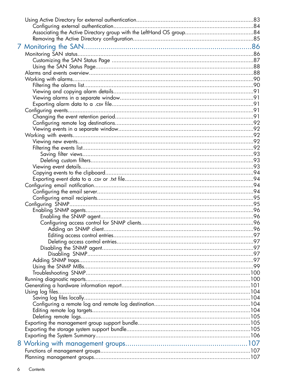 7 monitoring the san, 8 working with management groups | HP StoreVirtual 4000 Storage User Manual | Page 6 / 288