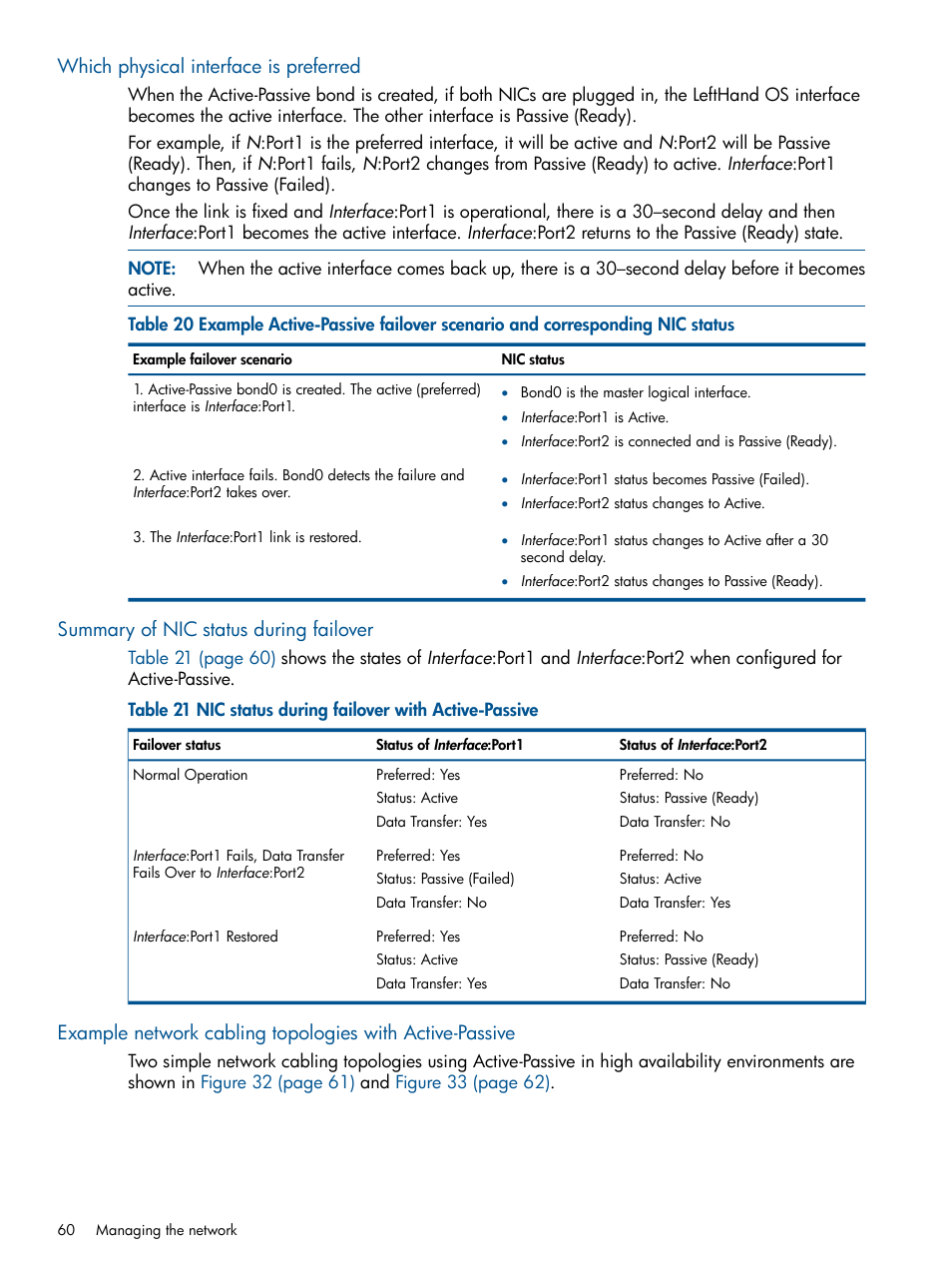 Which physical interface is preferred, Summary of nic status during failover | HP StoreVirtual 4000 Storage User Manual | Page 60 / 288