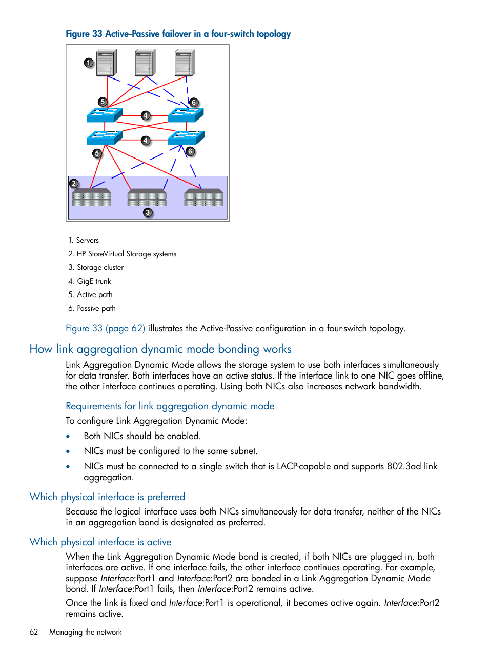 How link aggregation dynamic mode bonding works, Which physical interface is preferred, Which physical interface is active | HP StoreVirtual 4000 Storage User Manual | Page 62 / 288