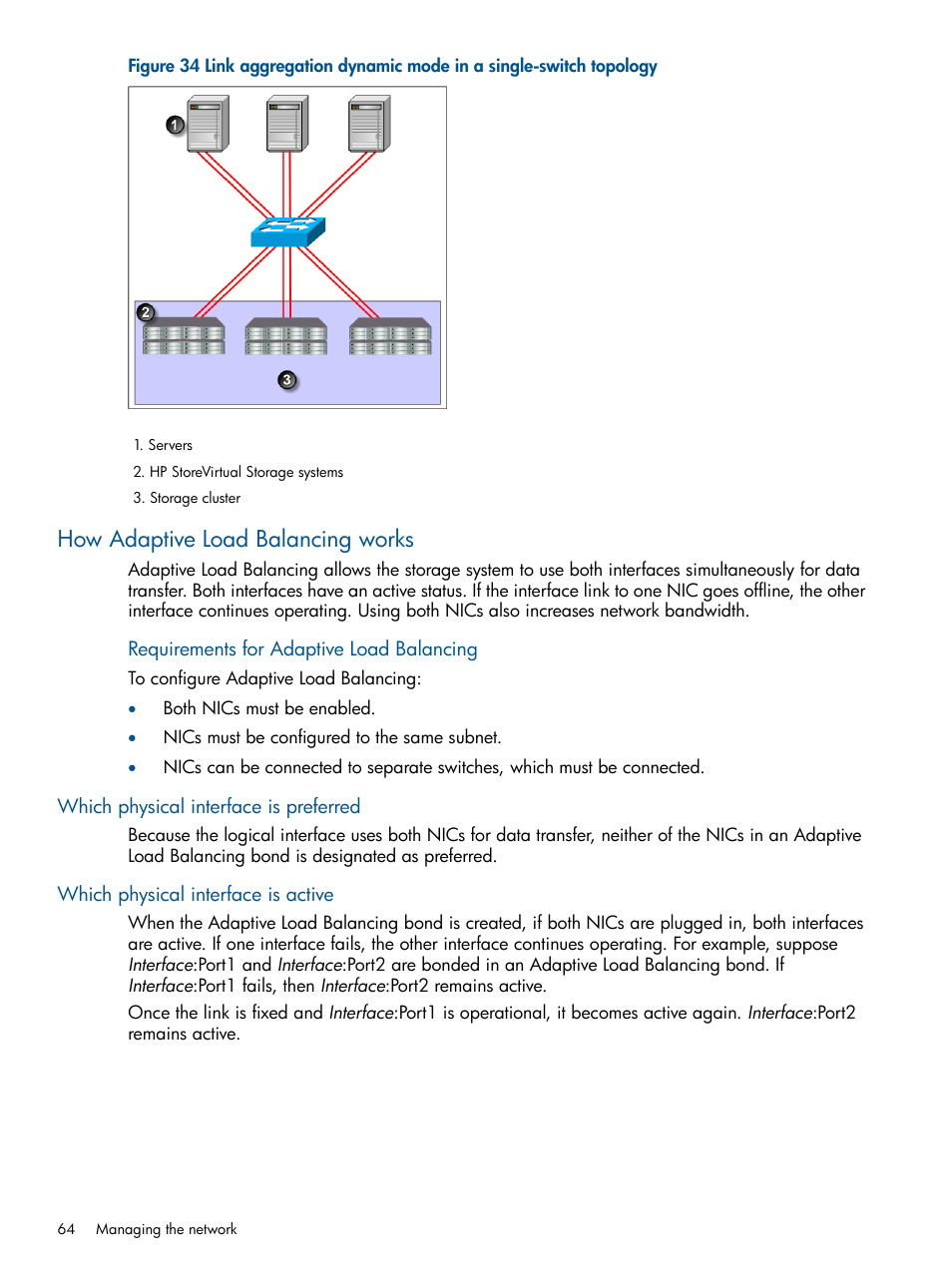 How adaptive load balancing works, Which physical interface is preferred, Which physical interface is active | HP StoreVirtual 4000 Storage User Manual | Page 64 / 288