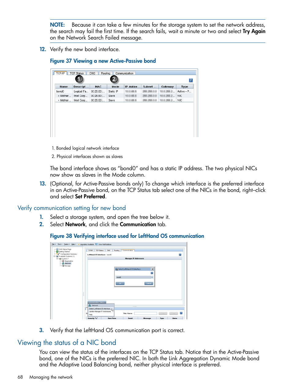 Verify communication setting for new bond, Viewing the status of a nic bond | HP StoreVirtual 4000 Storage User Manual | Page 68 / 288