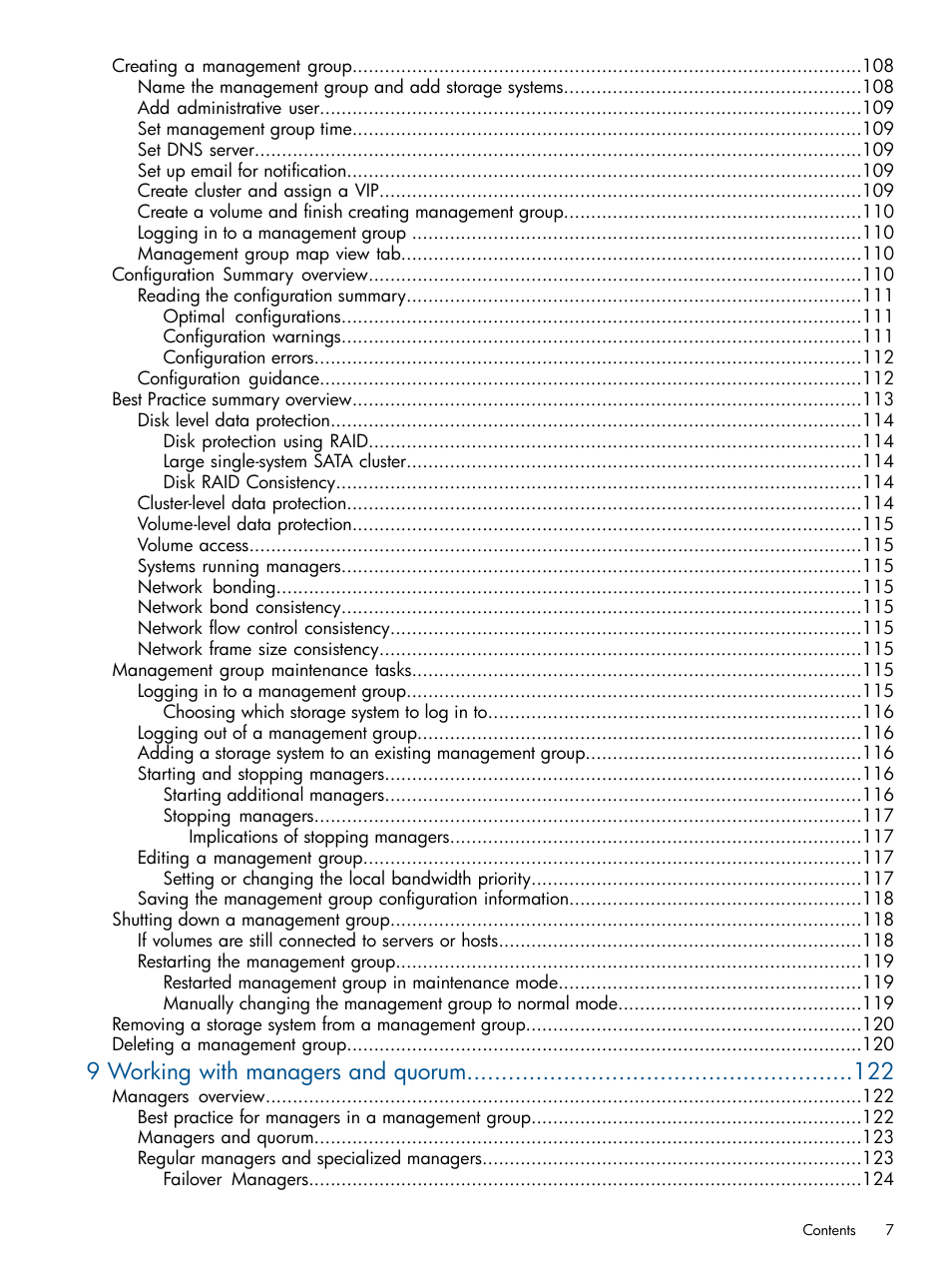 9 working with managers and quorum | HP StoreVirtual 4000 Storage User Manual | Page 7 / 288