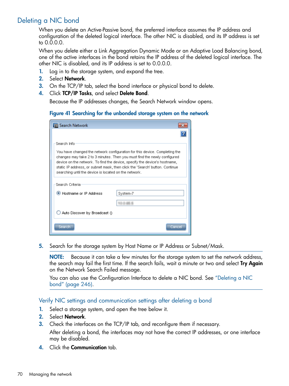 Deleting a nic bond | HP StoreVirtual 4000 Storage User Manual | Page 70 / 288