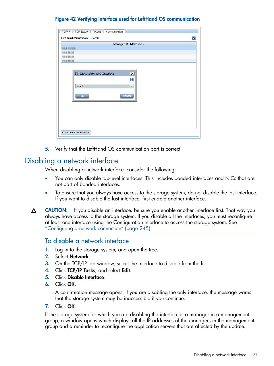 Disabling a network interface | HP StoreVirtual 4000 Storage User Manual | Page 71 / 288