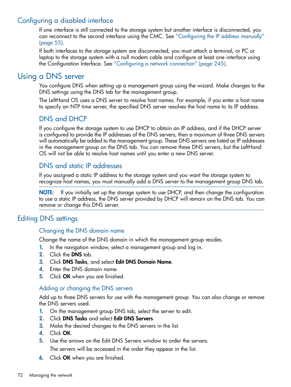 Configuring a disabled interface, Using a dns server, Editing dns settings | Dns and dhcp, Dns and static ip addresses | HP StoreVirtual 4000 Storage User Manual | Page 72 / 288