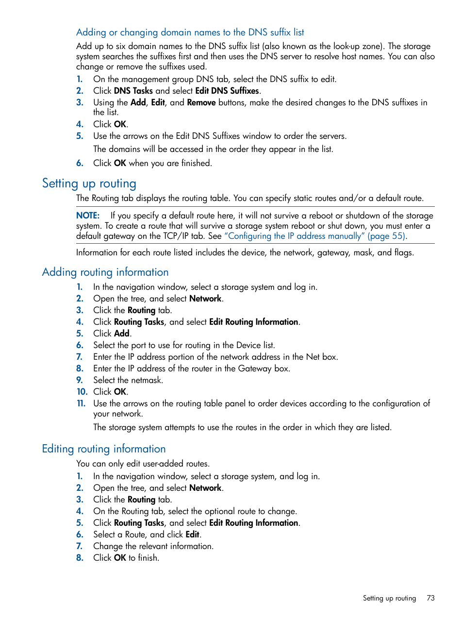 Setting up routing, Adding routing information, Editing routing information | HP StoreVirtual 4000 Storage User Manual | Page 73 / 288