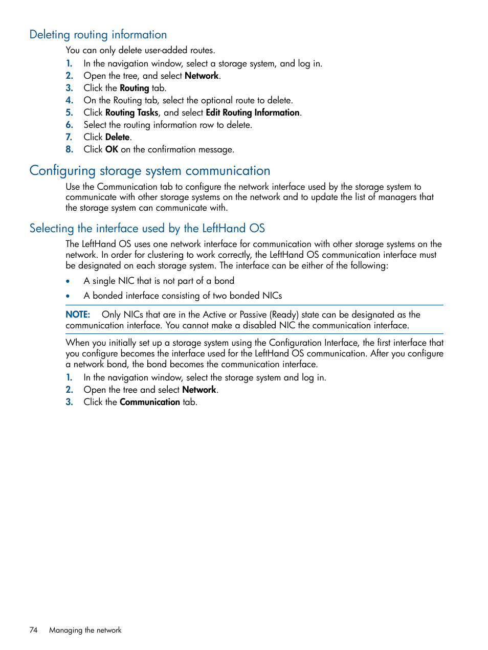 Deleting routing information, Configuring storage system communication, Selecting the interface used by the lefthand os | HP StoreVirtual 4000 Storage User Manual | Page 74 / 288
