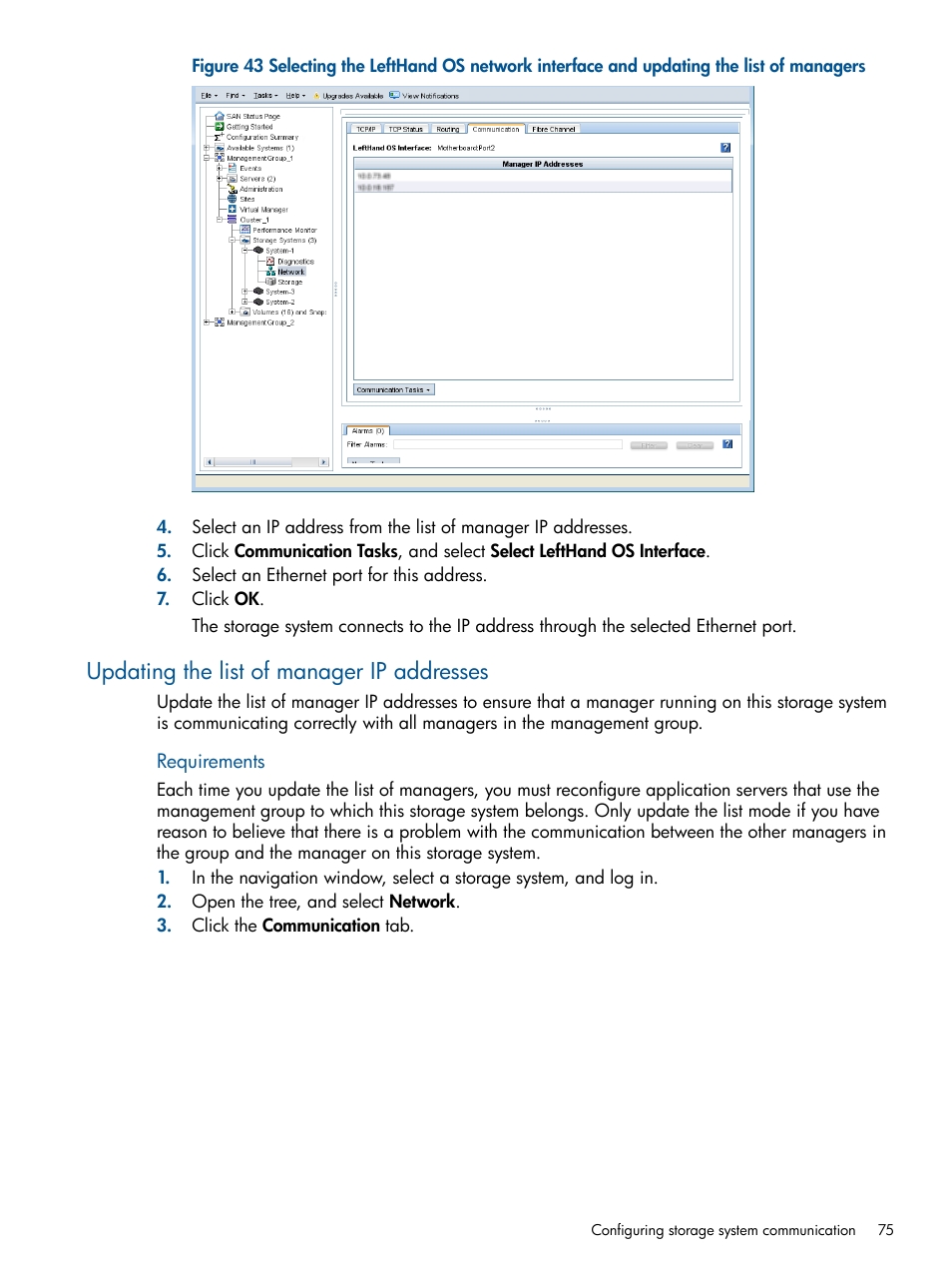 Updating the list of manager ip addresses | HP StoreVirtual 4000 Storage User Manual | Page 75 / 288